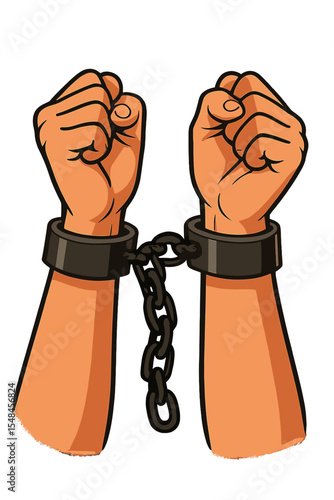 Cartoon illustration of clenched female fists in heavy black metal handcuffs and chains, symbolizing restriction, imprisonment, loss of freedom, captivity, justice, law enforcement, and human rights
