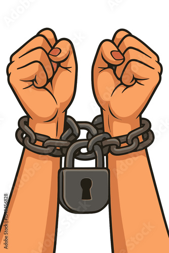 Woman’s Hands Bound in Chains with Locked Padlock, Symbolizing Imprisonment, Restriction, Captivity, Oppression, and Lack of Freedom, Powerful Vector Cartoon Illustration