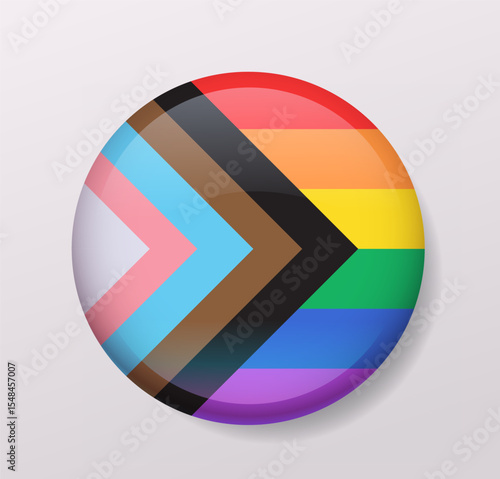 Pride progress flag button LGBTQ inclusivity rainbow colors glossy round badge isolated on light background