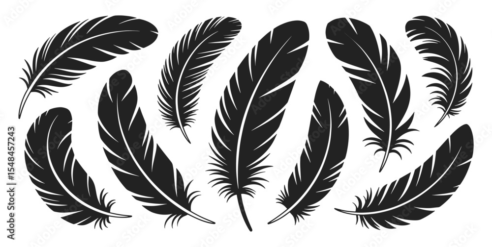 Set of large feather silhouettes in bold black shapes with varied textures, vector illustration. Stylized bird feathers designed with distinct linework and soft curvature. Set of large feather silhouettes in bold black shapes with varied textures, vector illustration. Stylized bird feathers designed with distinct linework and soft curvature.