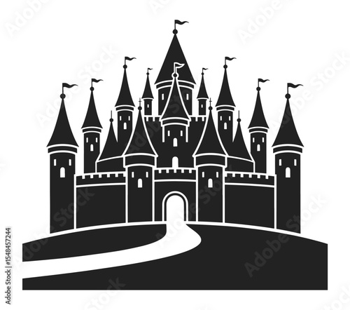 Silhouette of grand fairytale castle on hill with winding path and tall spire towers, vector illustration. Elegant medieval fortress design featuring flags, battlements and arched entrance.