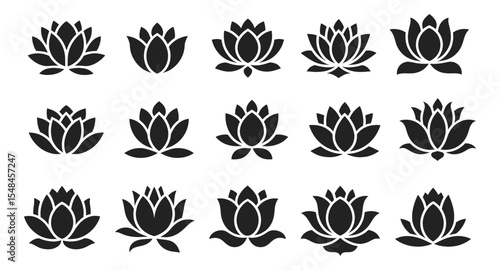 Collection of lotus flower silhouettes in elegant petal formations, vector illustration. Decorative black floral icons symbolizing peace, mindfulness and spiritual beauty.