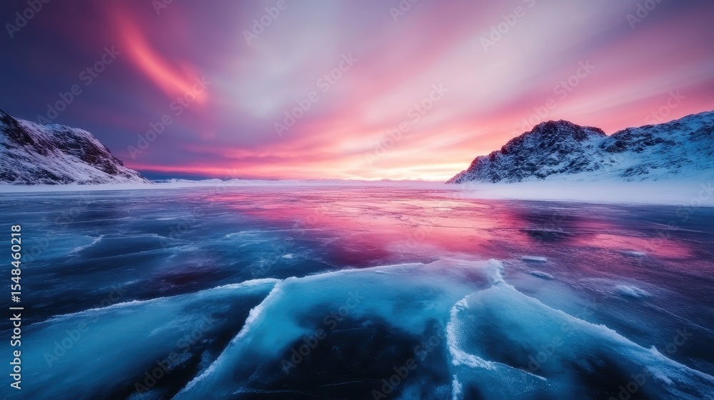 Fototapeta premium A stunning sunset casts colorful reflections over a frozen lake surrounded by majestic mountains, showcasing nature's beauty and tranquility in a winter wonderland.