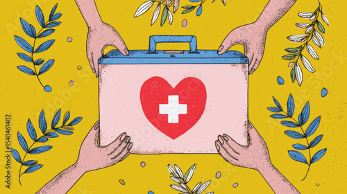 Illustrated First Aid Kit Surrounded by Helping Hands Representing Global Compassion and Medical Support