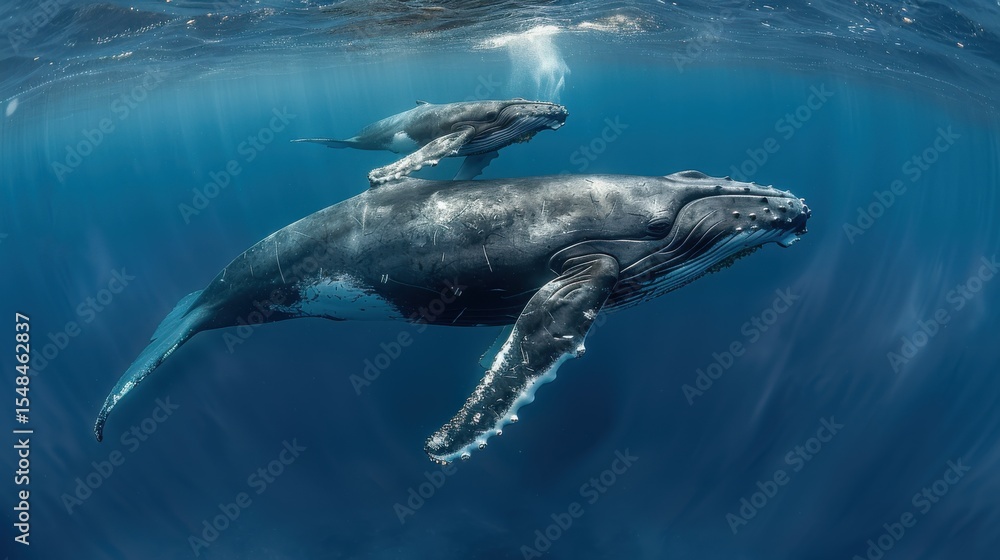 Naklejka premium A majestic view of humpback whales swimming gracefully in deep ocean waters, highlighting the beauty of marine life and the importance of ocean conservation.