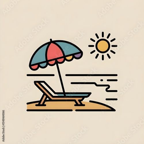 Black and White Line Art beach with umbrella