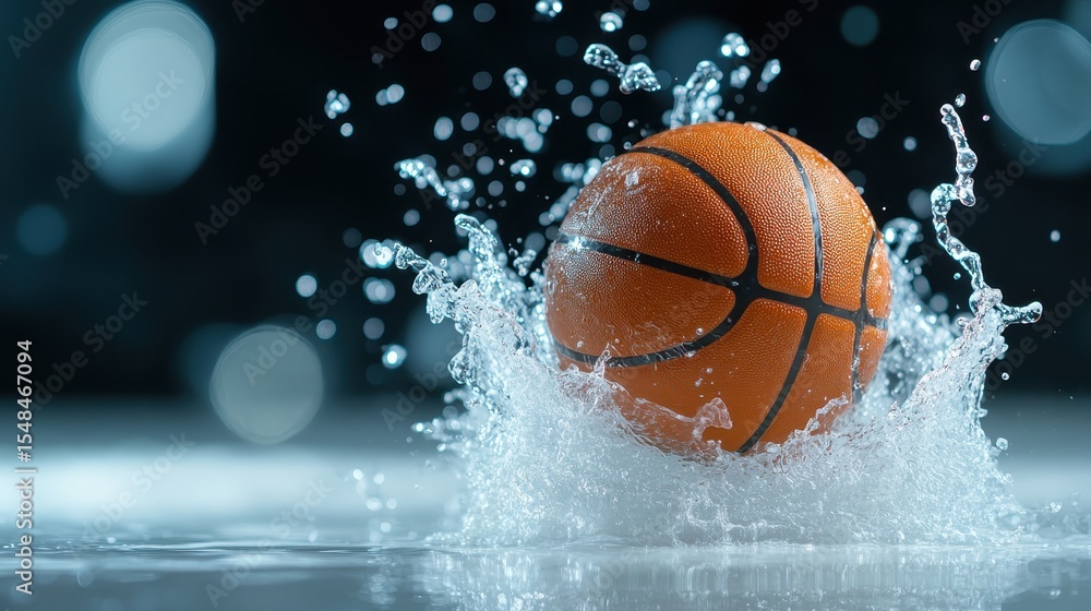 Obraz premium A dynamic close-up shot of a basketball splashing into the water, capturing the energy and excitement of sports, highlighting motion and refreshment in action.