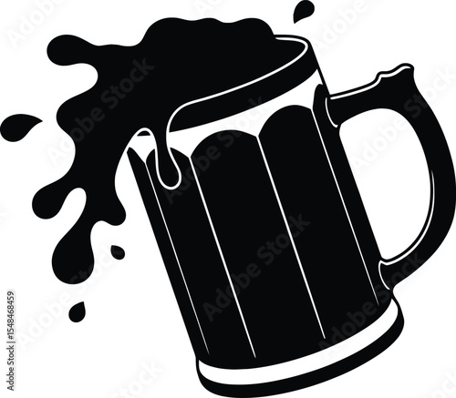 Overflowing Beer Mug Silhouette Illustration Isolated on White Background for Bar, Pub, or Drink Design

