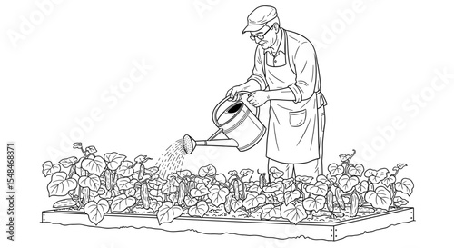 Gardener watering plants in garden bed with watering can in black and white illustration style
