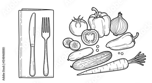 Plate of fresh vegetables with cutlery and napkin in black and white illustration style