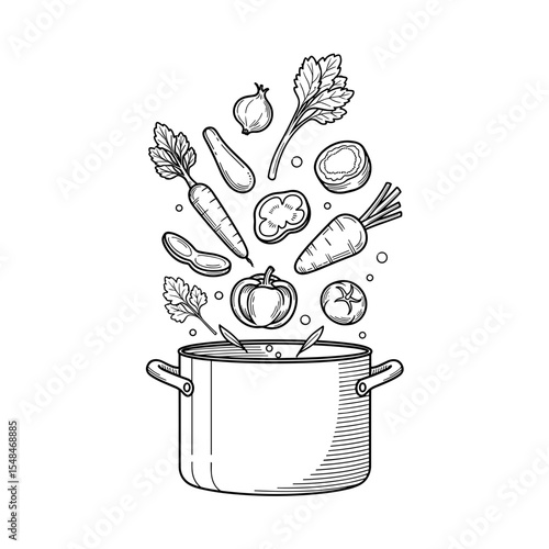 Cooking pot with flying vegetables in black and white illustration style