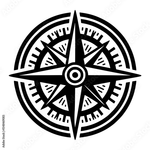 A graphic black compass rose for navigation guidance and direction