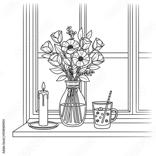 flower bouquet in vase with candle and glass of drink on windowsill in outlined sketch style 