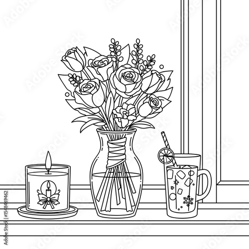 flower bouquet in vase with candle and refreshing drink on windowsill in outlined sketch style 