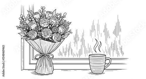 flower bouquet in vase next to steaming cup on windowsill in outlined sketch style 