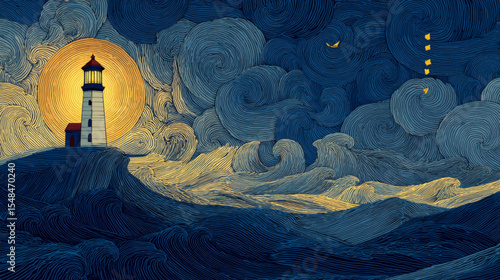 Stylized Lighthouse Vector with Ocean Waves for World Maritime Day and Nautical Awareness Themes