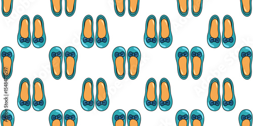Seamless summer pattern with turquoise ballerina flats with bows. Cartoon vector background. 