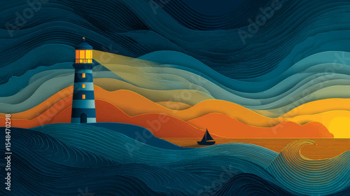 Stylized Lighthouse Vector with Ocean Waves for World Maritime Day and Nautical Awareness Themes