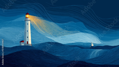 Stylized Lighthouse Vector with Ocean Waves for World Maritime Day and Nautical Awareness Themes