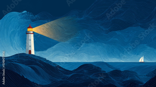Minimal Lighthouse Illustration on Stylized Waves for World Maritime Day Vector Presentation