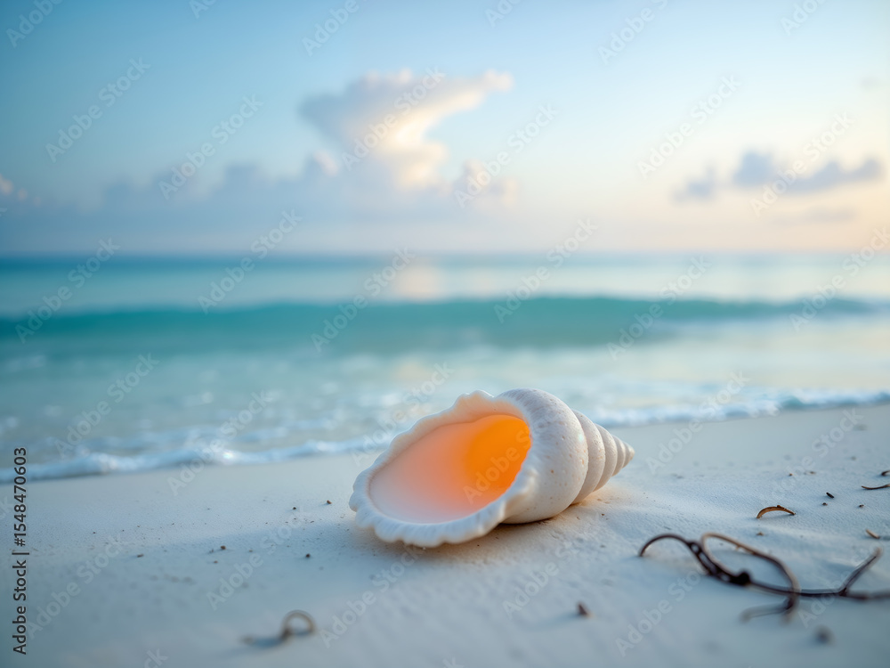 Minimalist beach scene with seashell and soft white sand, great for calm and relaxation themes. Generative AI Minimalist beach scene with seashell and soft white sand, great for calm and relaxation themes. Generative AI