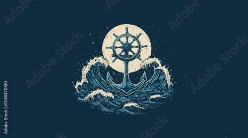 Flat Design Anchor and Helm Illustration on Ocean Waves for World Maritime Day Vector Poster