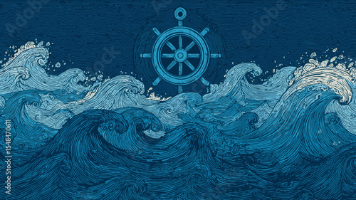 Flat Design Anchor and Helm Illustration on Ocean Waves for World Maritime Day Vector Poster