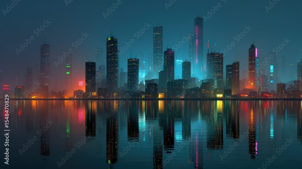 Fototapeta premium Futuristic Cityscape Reflecting on Calm Waters during Twilight hours