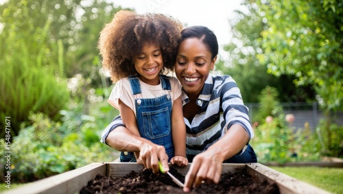 Happy African American mother and daughter planting seeds in their home garden, enjoying quality time together while discovering the wonders of nature and nurturing their bond