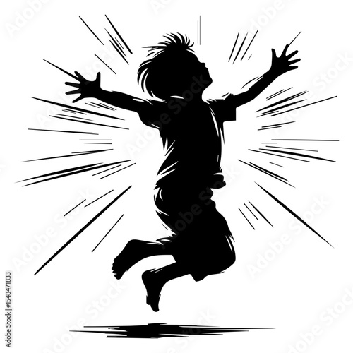A black and white silhouette of a child jumping with happiness on a white isolated background. vector graphics. EPS.