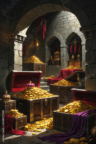 Medieval Treasure Room with Old Chests of Gold and Riches