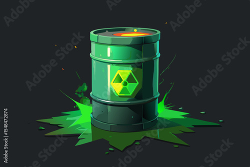 Leaking Radioactive Barrel with Steam – Vector Illustration