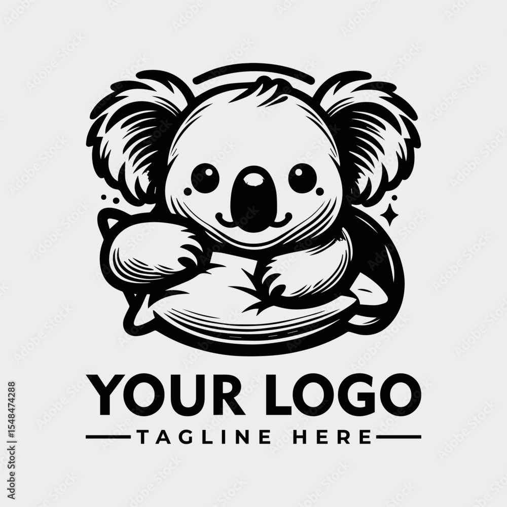 Fototapeta premium Cute koala logo design, holding a pillow, with a simple, stylized graphic style.