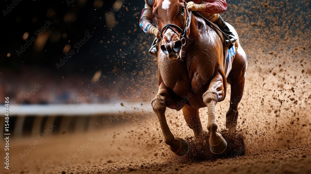 Obraz premium An exhilarating capture of a horse galloping at full speed, kicking up dust in a dramatic racing event that conveys raw power, competition, and the thrill of sports.