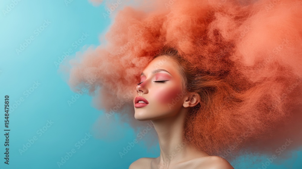 A striking portrait of a model showcases a vibrant cloud of orange hair framed by bold makeup, merging artistic elements in a fresh, modern aesthetic against a blue backdrop. A striking portrait of a model showcases a vibrant cloud of orange hair framed by bold makeup, merging artistic elements in a fresh, modern aesthetic against a blue backdrop.