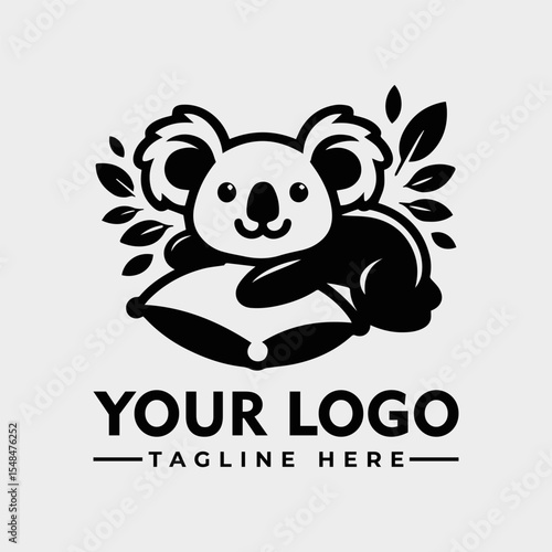 Stylized illustration of a koala bear resting on a pillow, surrounded by leaves, with space for logo and tagline.