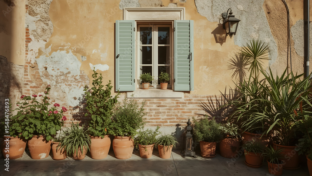 Fototapeta premium Exterior view of a building with a window and potted plants, capturing a sunny day.