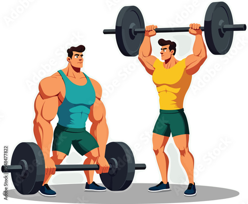 Fitness workout strong men lifting weights bodybuilding exercise powerlifting training athlete gym routine