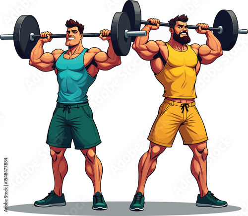 Men weightlifting workout illustration fitness training exercise gym strong bodybuilder overhead press
