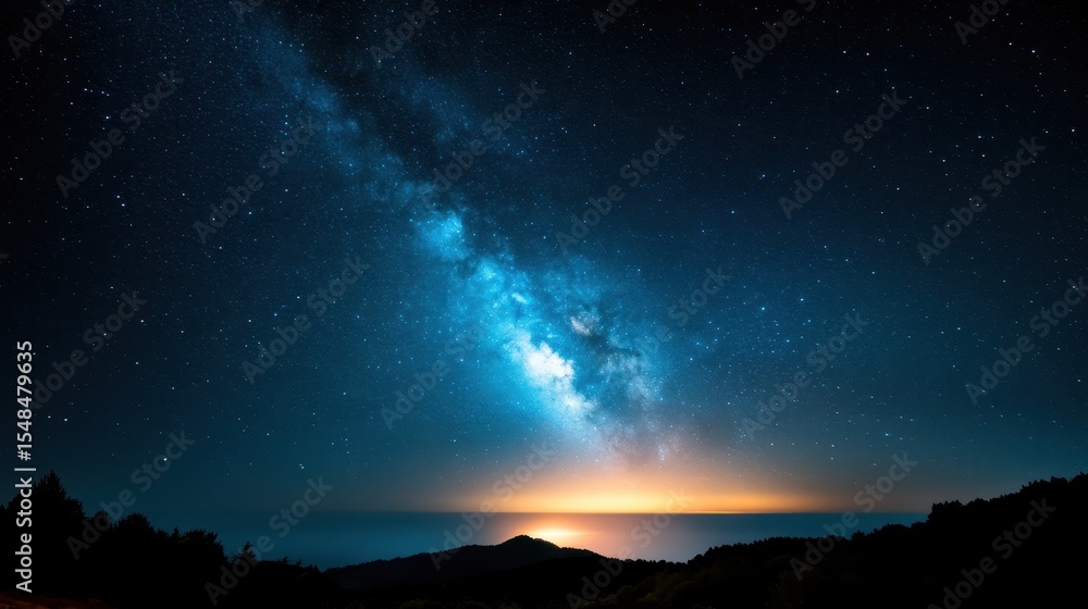 Naklejka premium An awe-inspiring image of the Milky Way stretching across the night sky, illuminating a tranquil landscape with a soft glow from the horizon at dusk, invoking a sense of wonder and calm.