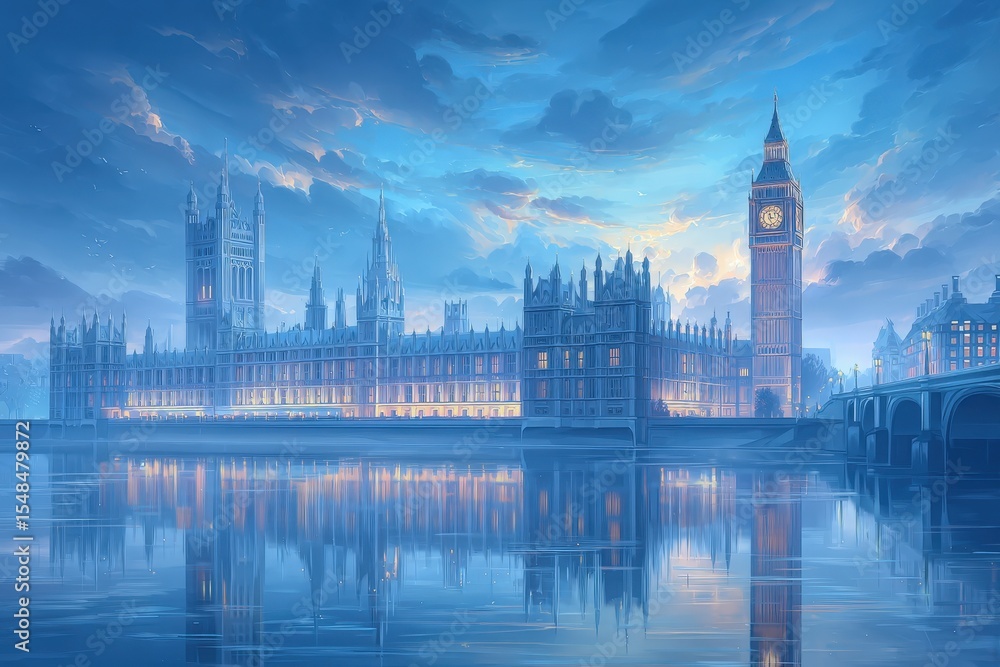 Obraz premium The Houses of Parliament and Big Ben glow softly at twilight, reflected on the River Thames. The skyline features intricate architecture against a serene blue sky, creating a tranquil atmosphere.