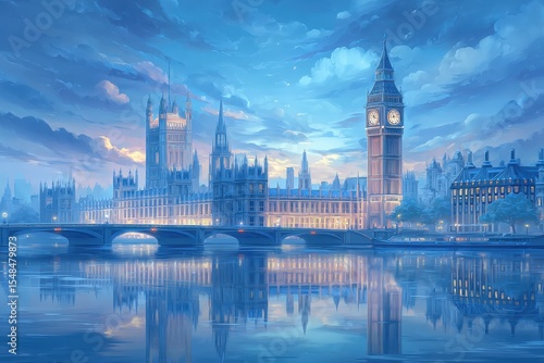 A tranquil twilight view of Londons iconic skyline featuring Big Ben and the Houses of Parliament. Soft blue tones illuminate the sky and water, creating a serene atmosphere.