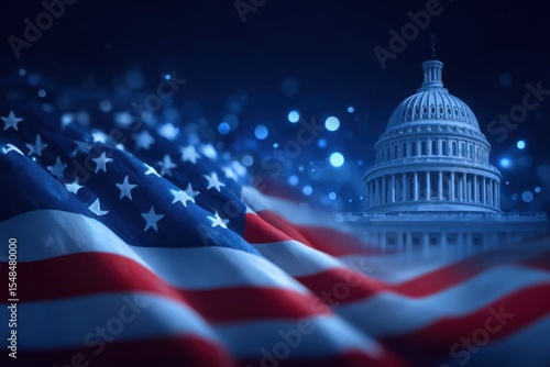 Waves of an American flag in the foreground with the Capitol building illuminated against a dark sky. The scene represents patriotism and the essence of democracy at night.