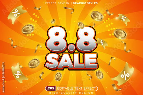 Editable 3d vector text effect 8.8 sale for august banner promotion. with yellow background voucher and coin