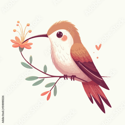 image of a small long-beaked hummingbird sucking nectar with a simple and minimalist flat design using a white background