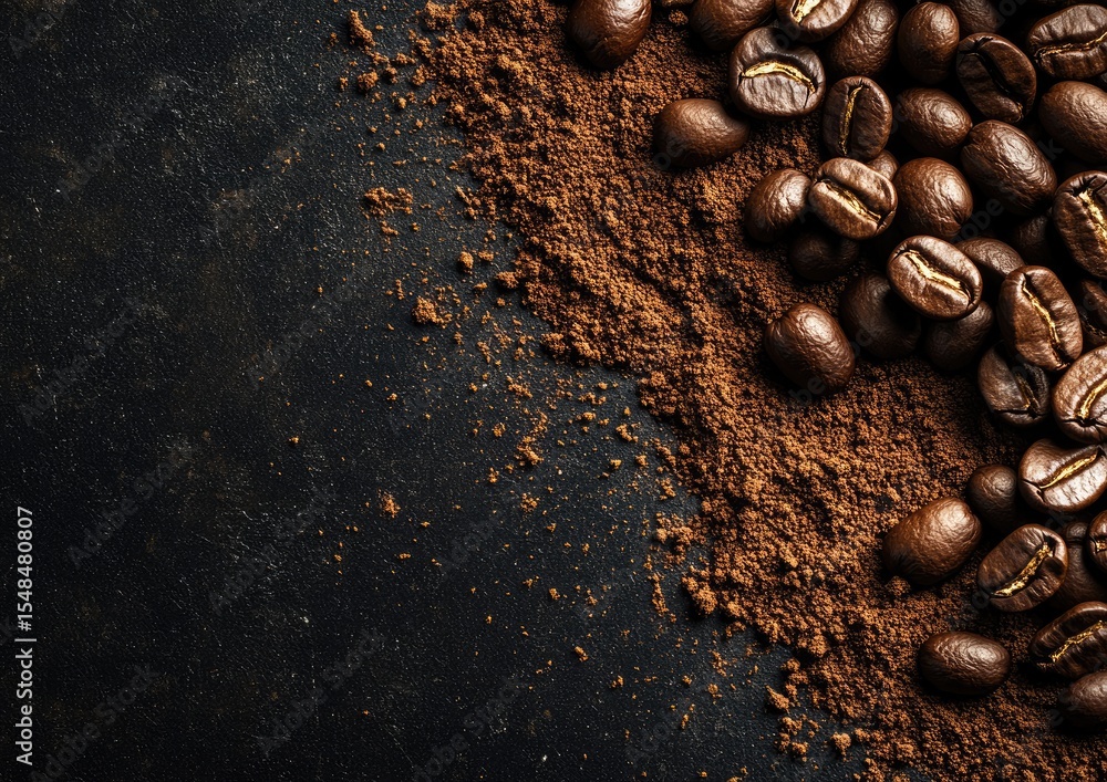 Coffee beans and grounds on dark surface Coffee beans and grounds on dark surface