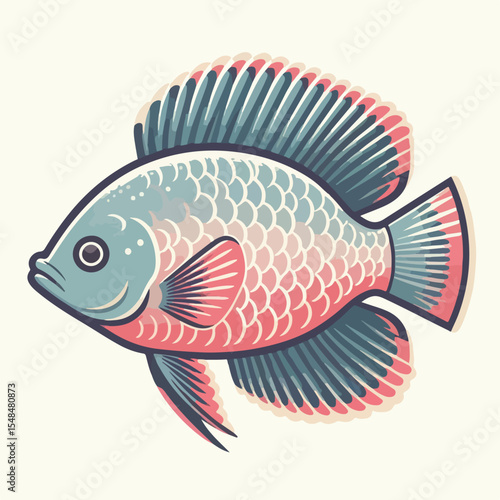 iimage of tilapia fish with fins pointing upwards and a symmetrical tail using a simple and minimalist flat design using a white background