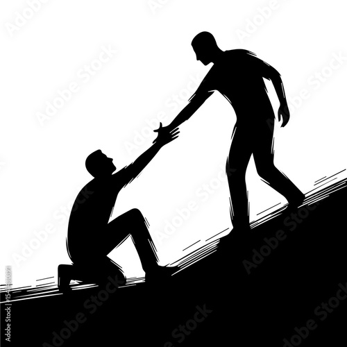 A black and white silhouette of a man extending a helping hand to another. A symbol of support. White isolated background. Vector graphics. EPS.