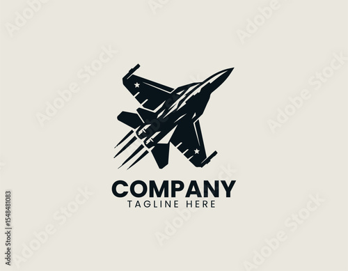 Stylized vector logo of jet fighter aircraft in tactical sharp winged silhouette design