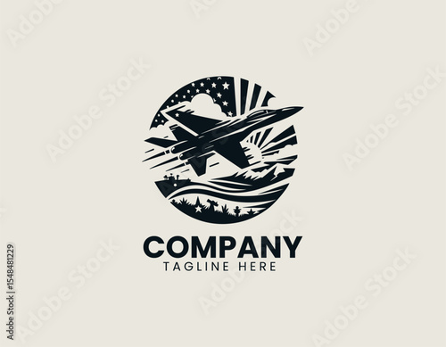 Military jet fighter flying in fast motion vector logo illustration for aviation branding